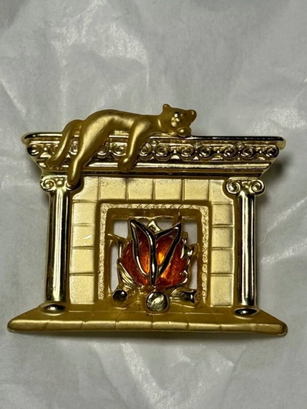 Vintage AJC Gold-Tone Fireplace Brooch with Cat and Amber Flame Detail